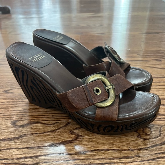 Stuart Weitzman brown platform sandals with carved wooden sole